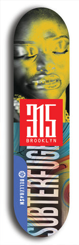 North American maple skateboard deck designed by underground artist BellyRash -- available in widths between 7.5 to 8.5 inches in both mellow concave and steep concave shapes. Artwork: street art and street artist and red 315 Brooklyn logo