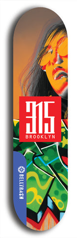 North American maple skateboard deck designed by underground artist BellyRash -- available in widths between 7.5 to 8.5 inches in both mellow concave and steep concave shapes. Artwork: street art and street artist and red 315 Brooklyn logo