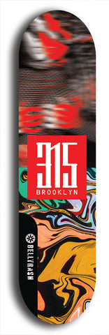 North American maple skateboard deck designed by underground artist BellyRash -- available in widths between 7.5 to 8.5 inches in both mellow concave and steep concave shapes. Artwork: street art and street artist and red 315 Brooklyn logo