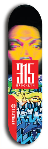 North American maple skateboard deck designed by underground artist BellyRash -- available in widths between 7.5 to 8.5 inches in both mellow concave and steep concave shapes. Artwork: street art and street artist and red 315 Brooklyn logo