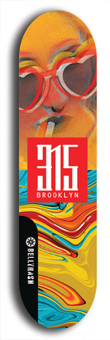 North American maple skateboard deck designed by underground artist BellyRash -- available in widths between 7.5 to 8.5 inches in both mellow concave and steep concave shapes. Artwork: street art and street artist and red 315 Brooklyn logo