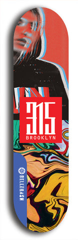 North American maple skateboard deck designed by underground artist BellyRash -- available in widths between 7.5 to 8.5 inches in both mellow concave and steep concave shapes. Artwork: street art and street artist and red 315 Brooklyn logo