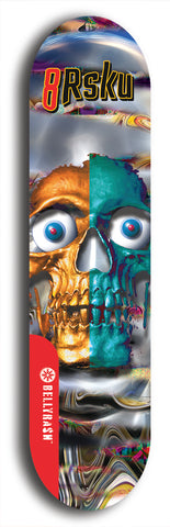 Limited edition, North American maple skateboard deck designed by underground artist BellyRash -- available in widths 7.5 to 8.5 inches in both mellow concave and steep concave shapes. Artwork: 8Rsku brand popsicle-shaped skateboard deck.