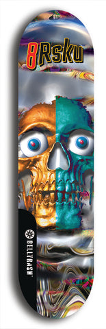 Limited edition, North American maple skateboard deck designed by underground artist BellyRash -- available in widths 7.5 to 8.5 inches in both mellow concave and steep concave shapes. Artwork: 8Rsku brand popsicle-shaped skateboard deck.