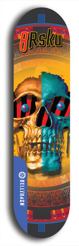 Limited edition, North American maple skateboard deck designed by underground artist BellyRash -- available in widths 7.5 to 8.5 inches in both mellow concave and steep concave shapes. Artwork: 8Rsku brand popsicle-shaped skateboard deck.