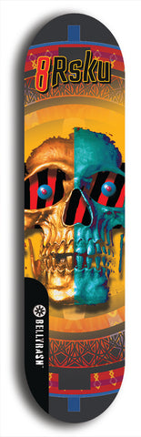 Limited edition, North American maple skateboard deck designed by underground artist BellyRash -- available in widths 7.5 to 8.5 inches in both mellow concave and steep concave shapes. Artwork: 8Rsku brand popsicle-shaped skateboard deck.