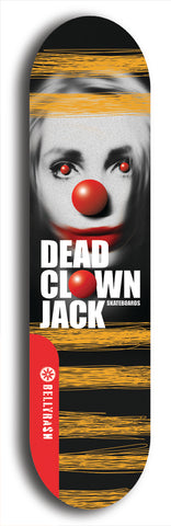 Skateboard deck: Limited edition, North American maple skateboard deck designed by underground artist BellyRash - available widths 7.5 to 8.5 inches in both mellow concave and steep concave shapes. Artwork: DEAD CLOWN JACK logo brand popsicle-shaped deck