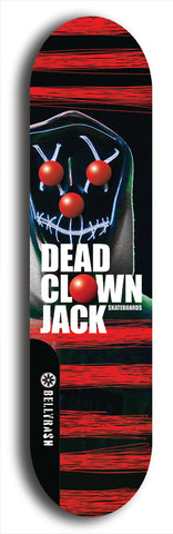 Skateboard deck: Limited edition, North American maple skateboard deck designed by underground artist BellyRash - available widths 7.5 to 8.5 inches in both mellow concave and steep concave shapes. Artwork: DEAD CLOWN JACK logo brand popsicle-shaped deck