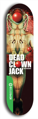 North American maple skateboard deck designed by underground artist BellyRash -- available in widths between 7.5 to 8.5 inches in both mellow concave and steep concave shapes from the BellyRash Limited Edition Blitz Deck series: Dead Clown Jack