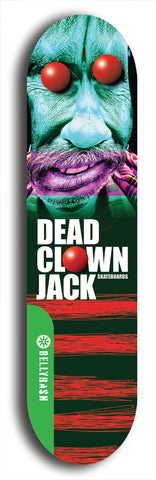North American maple skateboard deck designed by underground artist BellyRash -- available in widths between 7.5 to 8.5 inches in both mellow concave and steep concave shapes from the BellyRash Limited Edition Blitz Deck series: Dead Clown Jack