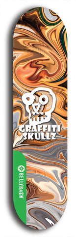 North American maple skateboard deck designed by underground artist BellyRash -- available in widths between 7.5 to 8.5 inches in both mellow concave and steep concave shapes from the BellyRash Limited Edition Blitz Deck series: Graffiti Skullz