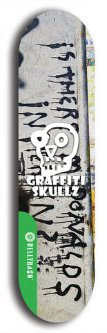 North American maple skateboard deck designed by underground artist BellyRash -- available in widths between 7.5 to 8.5 inches in both mellow concave and steep concave shapes from the BellyRash Limited Edition Blitz Deck series: Graffiti Skullz