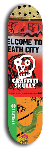 North American maple skateboard deck designed by underground artist BellyRash -- available in widths between 7.5 to 8.5 inches in both mellow concave and steep concave shapes from the BellyRash Limited Edition Blitz Deck series: Graffiti Skullz