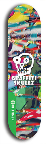 North American maple skateboard deck designed by underground artist BellyRash -- available in widths between 7.5 to 8.5 inches in both mellow concave and steep concave shapes from the BellyRash Limited Edition Blitz Deck series: Graffiti Skullz