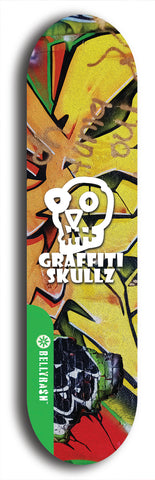 North American maple skateboard deck designed by underground artist BellyRash -- available in widths between 7.5 to 8.5 inches in both mellow concave and steep concave shapes from the BellyRash Limited Edition Blitz Deck series: Graffiti Skullz