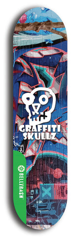 North American maple skateboard deck designed by underground artist BellyRash -- available in widths between 7.5 to 8.5 inches in both mellow concave and steep concave shapes from the BellyRash Limited Edition Blitz Deck series: Graffiti Skullz