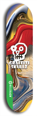 North American maple skateboard deck designed by underground artist BellyRash -- available in widths between 7.5 to 8.5 inches in both mellow concave and steep concave shapes from the BellyRash Limited Edition Blitz Deck series: Graffiti Skullz