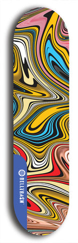 Limited edition, North American maple skateboard deck designed by underground artist BellyRash - available widths 7.5 to 8.5 inches in both mellow concave and steep concave shapes. Artwork: ABEX LIQUID brand popsicle-shaped with a multi-colored swirling patterned background