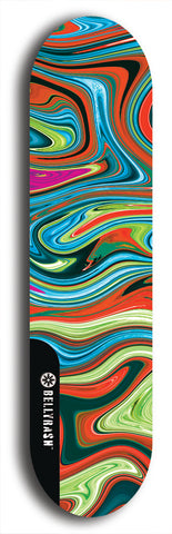 Limited edition, North American maple skateboard deck designed by underground artist BellyRash - available widths 7.5 to 8.5 inches in both mellow concave and steep concave shapes. Artwork: ABEX LIQUID brand popsicle-shaped with a multi-colored swirling patterned background