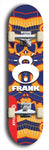 Limited edition, North American maple skateboard deck designed by underground artist BellyRash -- available in widths 7.5 to 8.5 inches in both mellow concave and steep concave shapes. Artwork: FRANK brand popsicle-shaped skateboard deck with large white FRANK logo on blue background