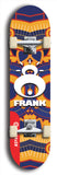 Limited edition, North American maple skateboard deck designed by underground artist BellyRash -- available in widths 7.5 to 8.5 inches in both mellow concave and steep concave shapes. Artwork: FRANK brand popsicle-shaped skateboard deck with large white FRANK logo on blue background