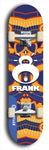 Limited edition, North American maple skateboard deck designed by underground artist BellyRash -- available in widths 7.5 to 8.5 inches in both mellow concave and steep concave shapes. Artwork: FRANK brand popsicle-shaped skateboard deck with large white FRANK logo on blue background