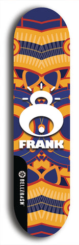 Limited edition, North American maple skateboard deck designed by underground artist BellyRash -- available in widths 7.5 to 8.5 inches in both mellow concave and steep concave shapes. Artwork: FRANK brand popsicle-shaped skateboard deck with large white FRANK logo on blue background