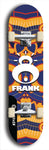 Limited edition, North American maple skateboard deck designed by underground artist BellyRash -- available in widths 7.5 to 8.5 inches in both mellow concave and steep concave shapes. Artwork: FRANK brand popsicle-shaped skateboard deck with large white FRANK logo on blue background