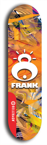 Limited edition, North American maple skateboard deck designed by underground artist BellyRash -- available in widths 7.5 to 8.5 inches in both mellow concave and steep concave shapes. Artwork: FRANK brand popsicle-shaped skateboard deck with large white FRANK logo on blue background