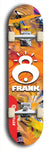 Limited edition, North American maple skateboard deck designed by underground artist BellyRash -- available in widths 7.5 to 8.5 inches in both mellow concave and steep concave shapes. Artwork: FRANK brand popsicle-shaped skateboard deck with large white FRANK logo on blue background