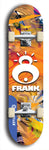 Limited edition, North American maple skateboard deck designed by underground artist BellyRash -- available in widths 7.5 to 8.5 inches in both mellow concave and steep concave shapes. Artwork: FRANK brand popsicle-shaped skateboard deck with large white FRANK logo on blue background