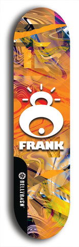 Limited edition, North American maple skateboard deck designed by underground artist BellyRash -- available in widths 7.5 to 8.5 inches in both mellow concave and steep concave shapes. Artwork: FRANK brand popsicle-shaped skateboard deck with large white FRANK logo on blue background