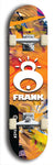 Limited edition, North American maple skateboard deck designed by underground artist BellyRash -- available in widths 7.5 to 8.5 inches in both mellow concave and steep concave shapes. Artwork: FRANK brand popsicle-shaped skateboard deck with large white FRANK logo on blue background