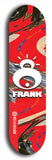 Limited edition, North American maple skateboard deck designed by underground artist BellyRash -- available in widths 7.5 to 8.5 inches in both mellow concave and steep concave shapes. Artwork: FRANK brand popsicle-shaped skateboard deck with large white FRANK logo on blue background