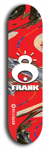 Limited edition, North American maple skateboard deck designed by underground artist BellyRash -- available in widths 7.5 to 8.5 inches in both mellow concave and steep concave shapes. Artwork: FRANK brand popsicle-shaped skateboard deck with large white FRANK logo on blue background