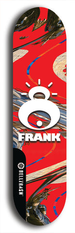 Limited edition, North American maple skateboard deck designed by underground artist BellyRash -- available in widths 7.5 to 8.5 inches in both mellow concave and steep concave shapes. Artwork: FRANK brand popsicle-shaped skateboard deck with large white FRANK logo on blue background