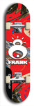 Limited edition, North American maple skateboard deck designed by underground artist BellyRash -- available in widths 7.5 to 8.5 inches in both mellow concave and steep concave shapes. Artwork: FRANK brand popsicle-shaped skateboard deck with large white FRANK logo on blue background