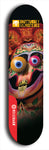 Skateboard deck: Limited edition, North American maple skateboard deck designed by underground artist BellyRash -- available in widths 7.5 to 8.5 inches in both mellow concave and steep concave shapes. Artwork: BUTTUGLY MONSTERS brand popsicle-shaped skateboard deck with monster in background.