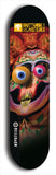 Skateboard deck: Limited edition, North American maple skateboard deck designed by underground artist BellyRash -- available in widths 7.5 to 8.5 inches in both mellow concave and steep concave shapes. Artwork: BUTTUGLY MONSTERS brand popsicle-shaped skateboard deck with monster in background.