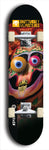 Skateboard deck: Limited edition, North American maple skateboard deck designed by underground artist BellyRash -- available in widths 7.5 to 8.5 inches in both mellow concave and steep concave shapes. Artwork: BUTTUGLY MONSTERS brand popsicle-shaped skateboard deck with monster in background.