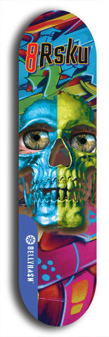 Limited edition, North American maple skateboard deck designed by underground artist BellyRash -- available in widths 7.5 to 8.5 inches in both mellow concave and steep concave shapes. Artwork: 8Rsku brand popsicle-shaped skateboard deck.