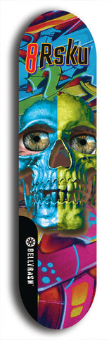 Limited edition, North American maple skateboard deck designed by underground artist BellyRash -- available in widths 7.5 to 8.5 inches in both mellow concave and steep concave shapes. Artwork: 8Rsku brand popsicle-shaped skateboard deck.