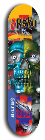 Limited edition, North American maple skateboard deck designed by underground artist BellyRash -- available in widths 7.5 to 8.5 inches in both mellow concave and steep concave shapes. Artwork: 8Rsku brand popsicle-shaped skateboard deck.