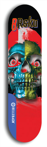 Limited edition, North American maple skateboard deck designed by underground artist BellyRash -- available in widths 7.5 to 8.5 inches in both mellow concave and steep concave shapes. Artwork: 8Rsku brand popsicle-shaped skateboard deck.