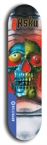 Limited edition, North American maple skateboard deck designed by underground artist BellyRash -- available in widths 7.5 to 8.5 inches in both mellow concave and steep concave shapes. Artwork: 8Rsku brand popsicle-shaped skateboard deck.