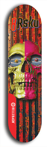 Limited edition, North American maple skateboard deck designed by underground artist BellyRash -- available in widths 7.5 to 8.5 inches in both mellow concave and steep concave shapes. Artwork: 8Rsku brand popsicle-shaped skateboard deck.