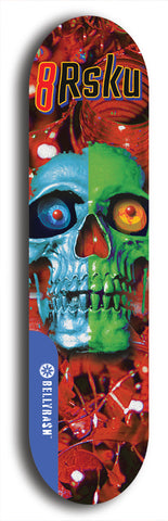 Limited edition, North American maple skateboard deck designed by underground artist BellyRash -- available in widths 7.5 to 8.5 inches in both mellow concave and steep concave shapes. Artwork: 8Rsku brand popsicle-shaped skateboard deck.