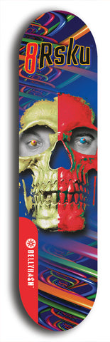 Limited edition, North American maple skateboard deck designed by underground artist BellyRash -- available in widths 7.5 to 8.5 inches in both mellow concave and steep concave shapes. Artwork: 8Rsku brand popsicle-shaped skateboard deck.