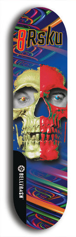 Limited edition, North American maple skateboard deck designed by underground artist BellyRash -- available in widths 7.5 to 8.5 inches in both mellow concave and steep concave shapes. Artwork: 8Rsku brand popsicle-shaped skateboard deck.