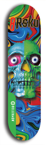 North American maple skateboard deck designed by underground artist BellyRash -- available in widths between 7.5 to 8.5 inches in both mellow concave and steep concave shapes from the BellyRash Limited Edition Blitz Deck series: 8Rsku